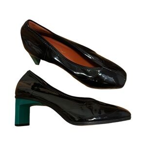Phillip Lim black soft patent shoe with emerald green heel